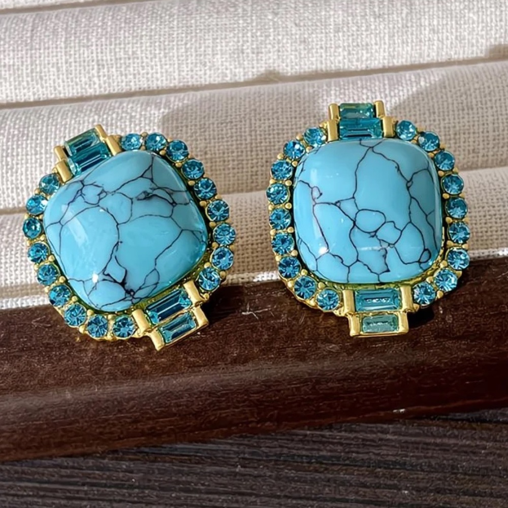 🩵 Turquoise Statement Earrings Gold Crystal Studs Vintage Style Bold Jewelry - Picture 5 of 8